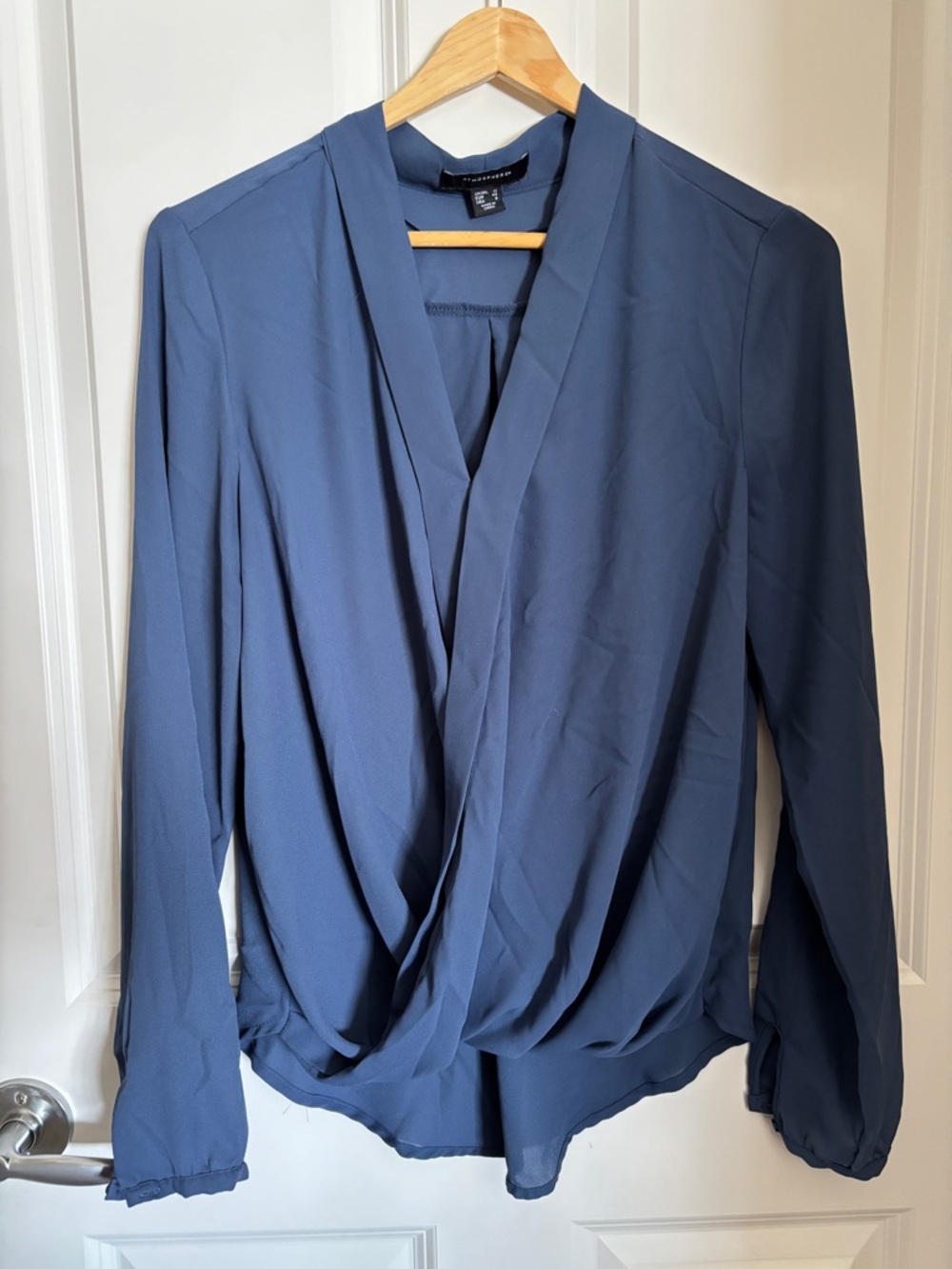 Women's Navy Draped High-Low Faux Wrap Blouse